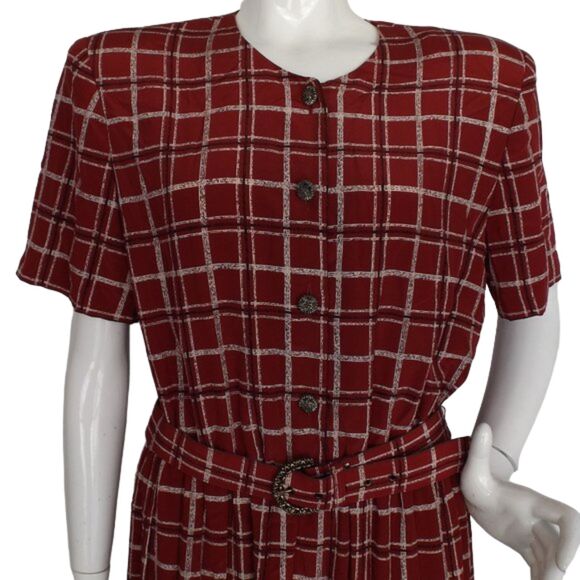 LESLIE FAY Midi Dress, XL, Dark Red Plaid, Short sleeve, Matching Belt, SS - Picture 2 of 12
